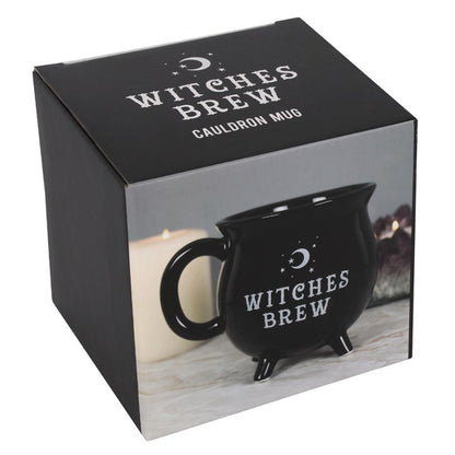 Black 'Witches Brew' cauldron mug in packaging with text on a white background