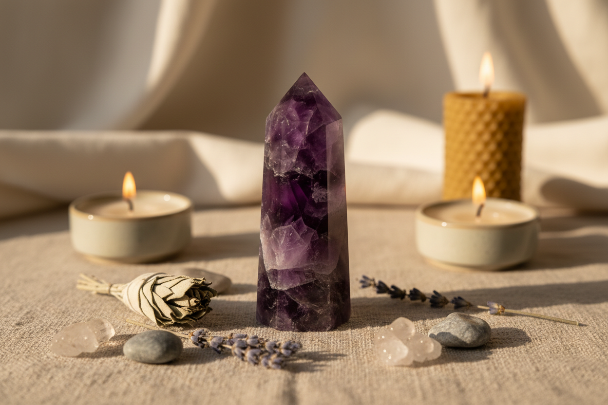Single 5cms african amethyst Obelisk in altar setting focal point is the obelisk
