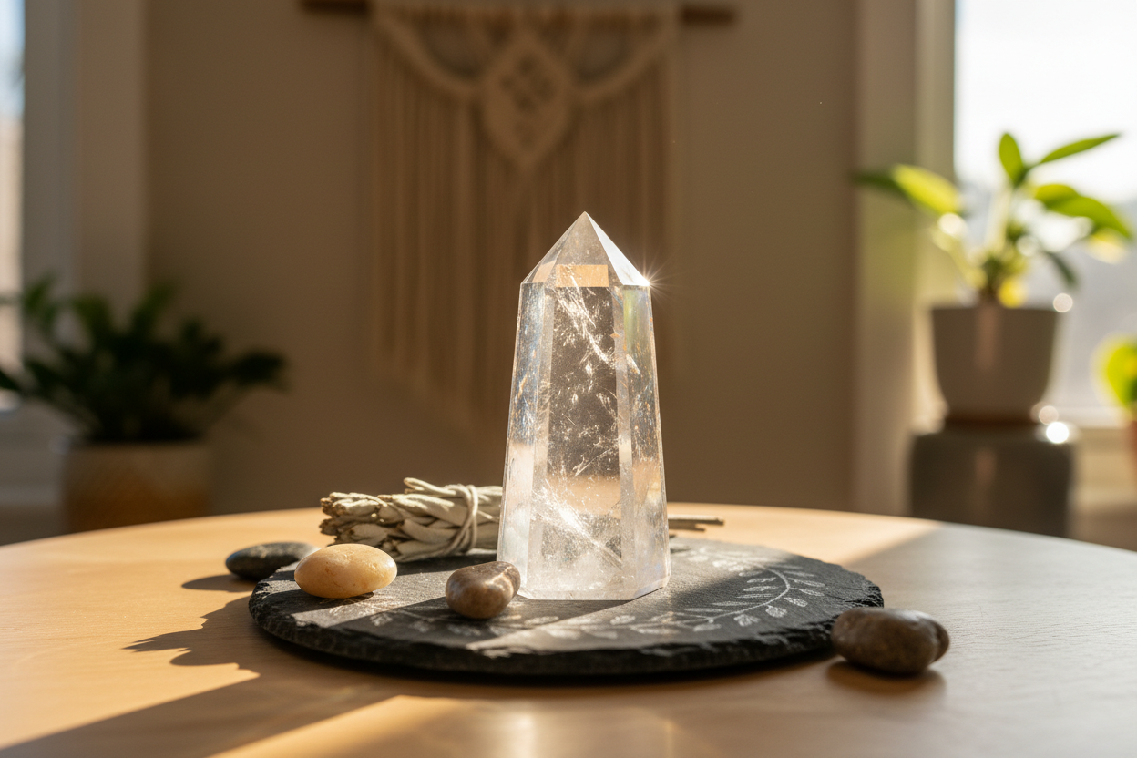 Single 5cms clear quartz Obelisk in altar setting focal point is the obelisk