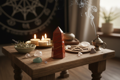 Single 5cms red jasper Obelisk in altar setting