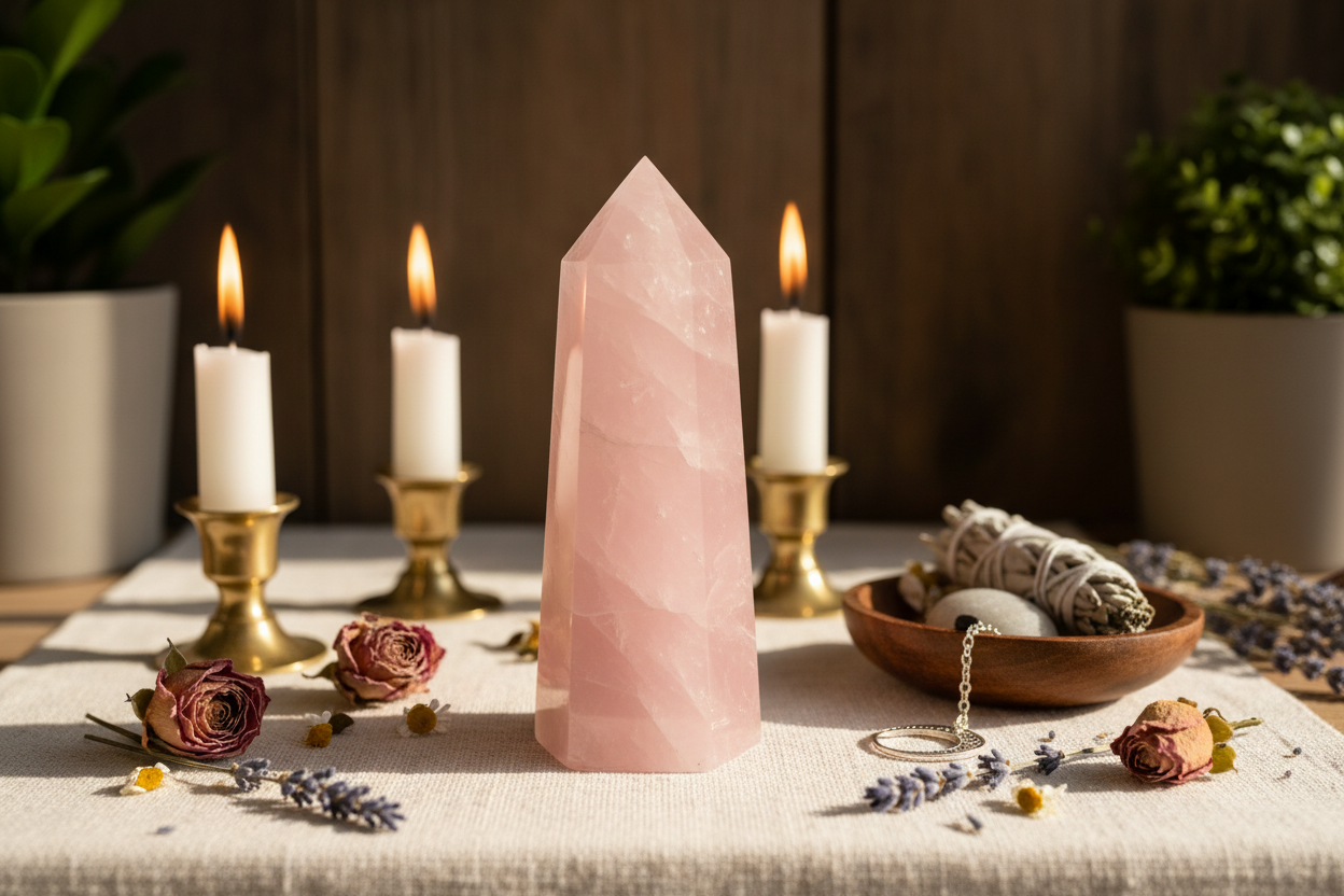 Single 5cms rose quartz Obelisk in altar setting