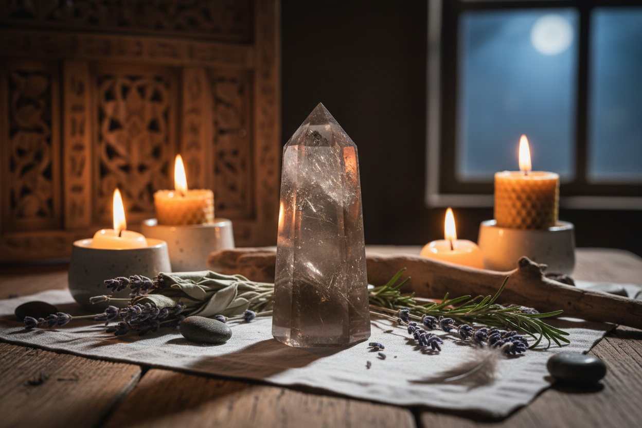 Single 5cms smokey quartz Obelisk in altar setting