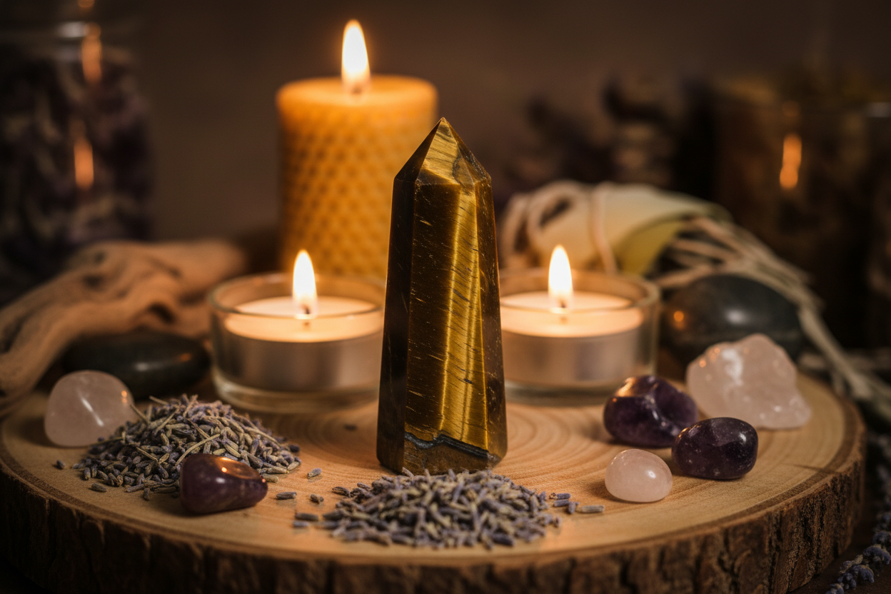 Single 5cms tiger eye Obelisk in altar setting