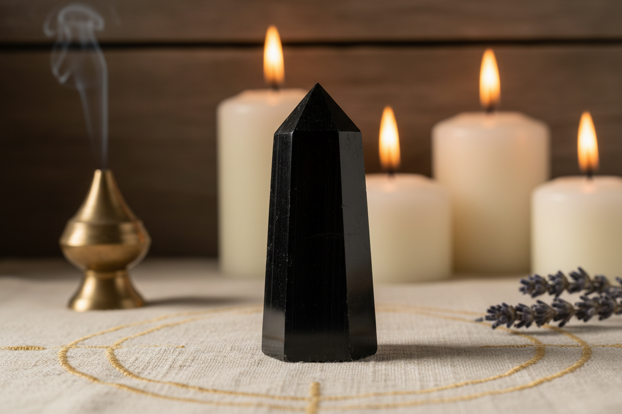 single black tourmaline obelisk 5cms in alter setting